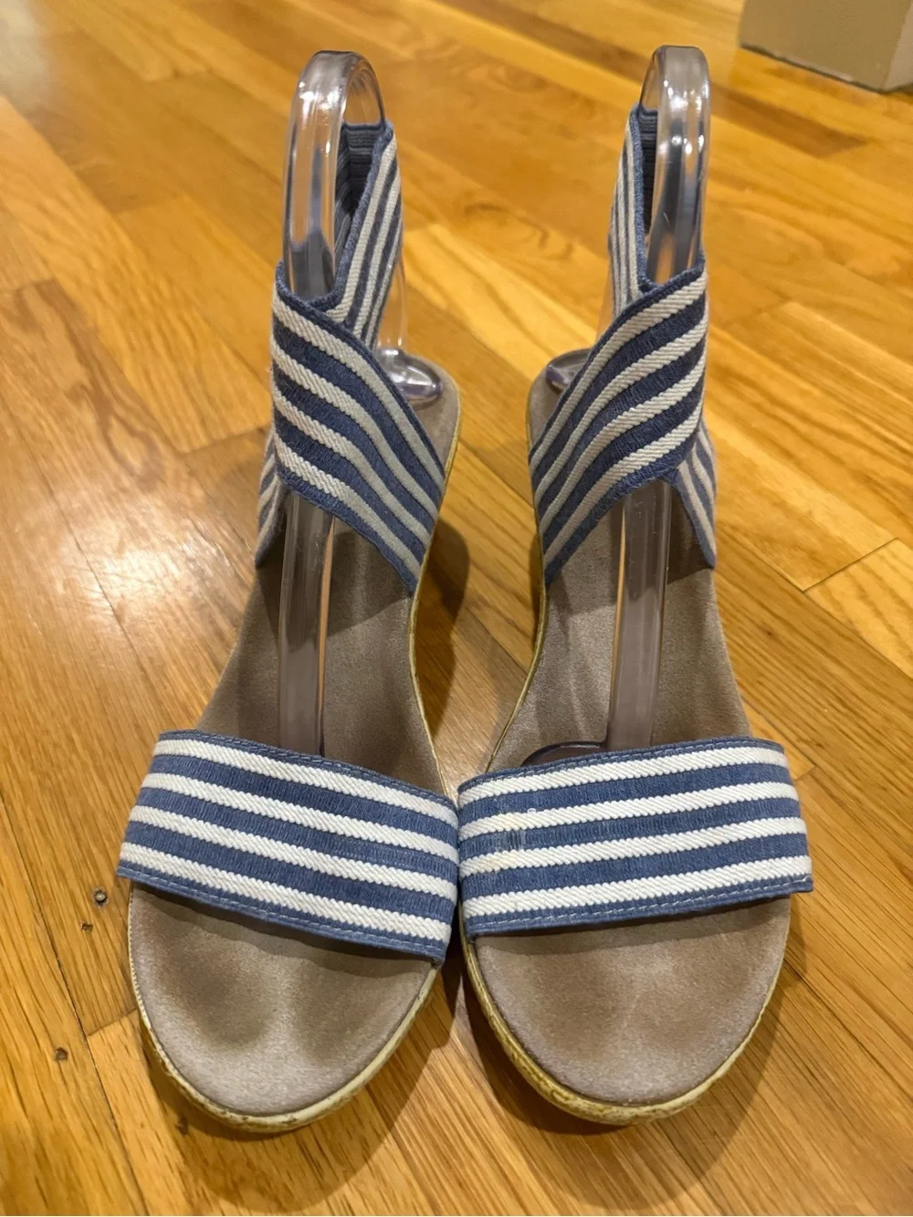 CHARLESTON SHOE CO. French Blue & White Striped Elastic Espadrille Wedge Sandals